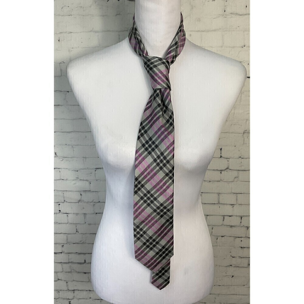 Chaps Men Silk Tie Pink Gray Black Plaid Hand Made 57L X 3W Classic Design